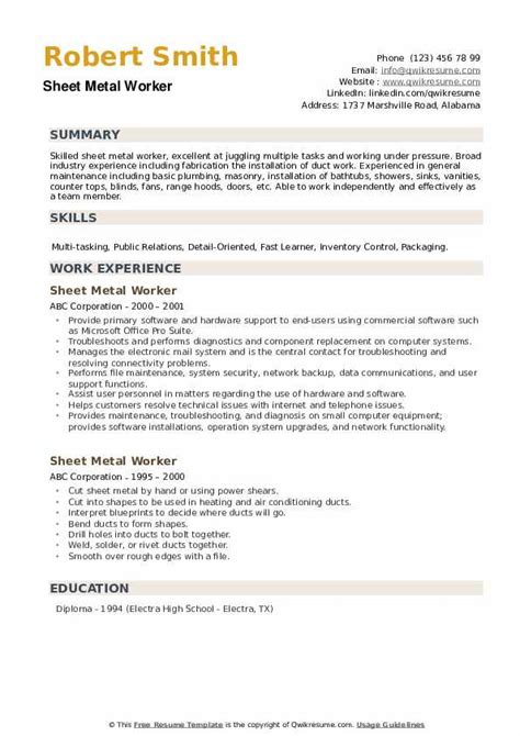 sheet metal worker resume sample|resume examples sheet metal worker.